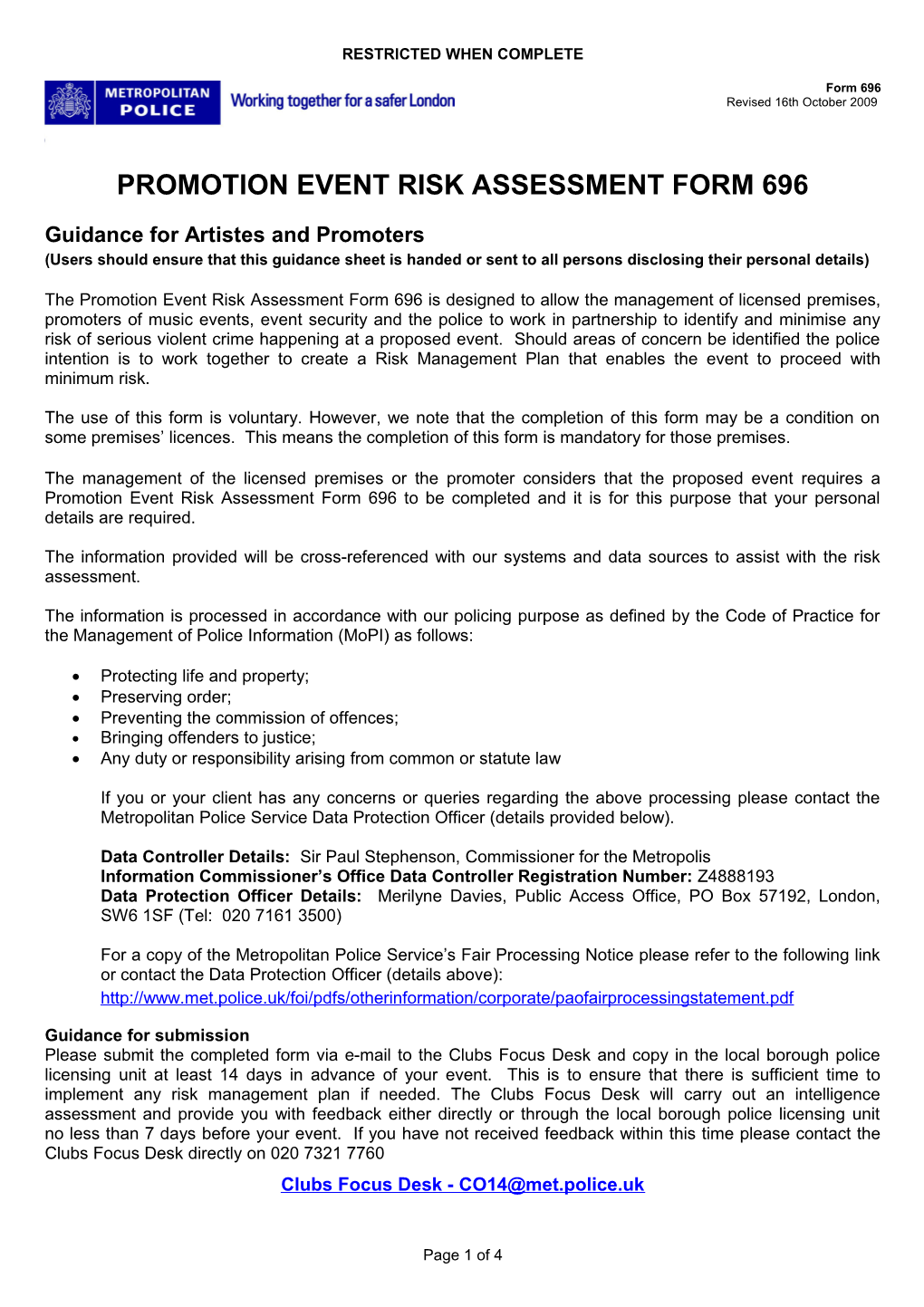 Promotion Event Risk Assessment Form 696