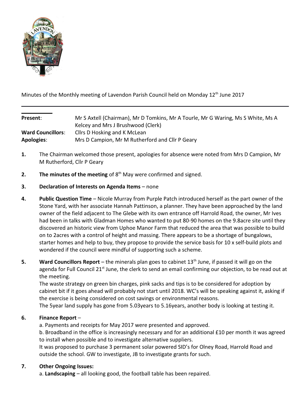 Minutes of the Monthly Meeting of Lavendon Parish Council Held on Monday12thjune 2017