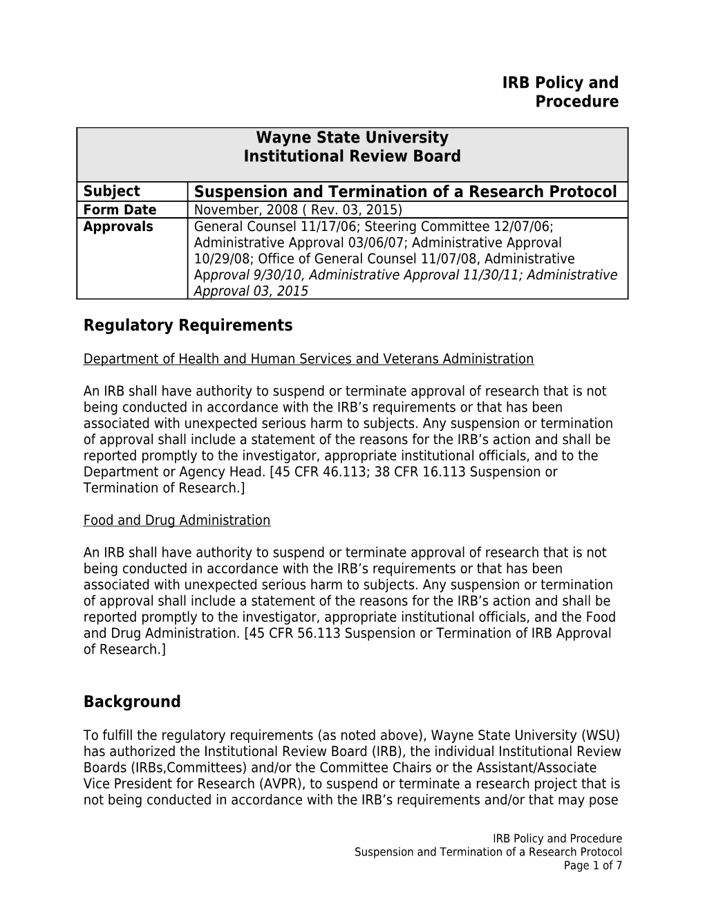 Suspension and Termination of a Research Protocol