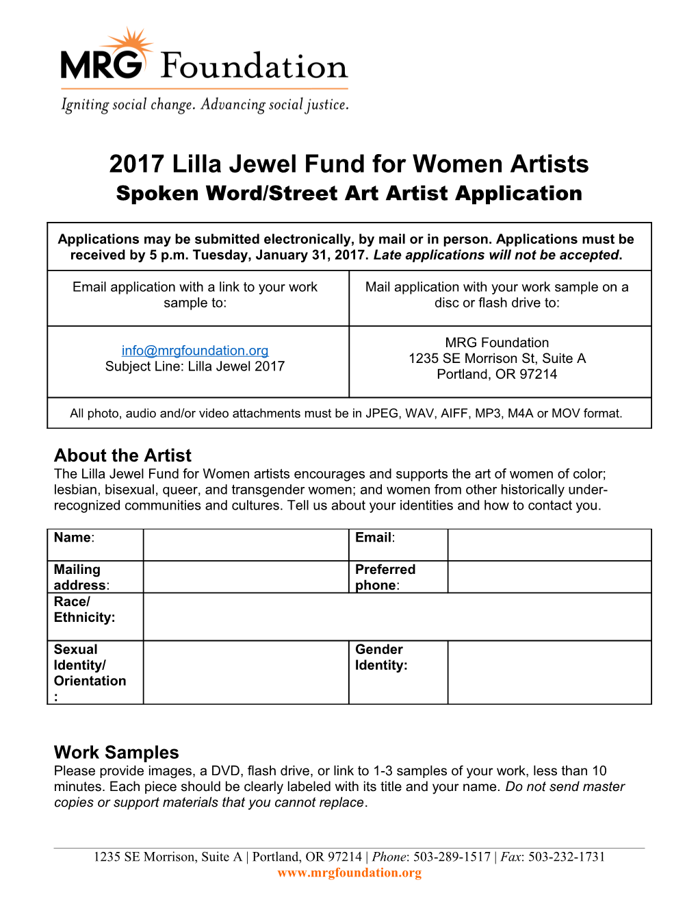 2017 Lilla Jewel Fund for Women Artists Spoken Word/Street Art Artist Application