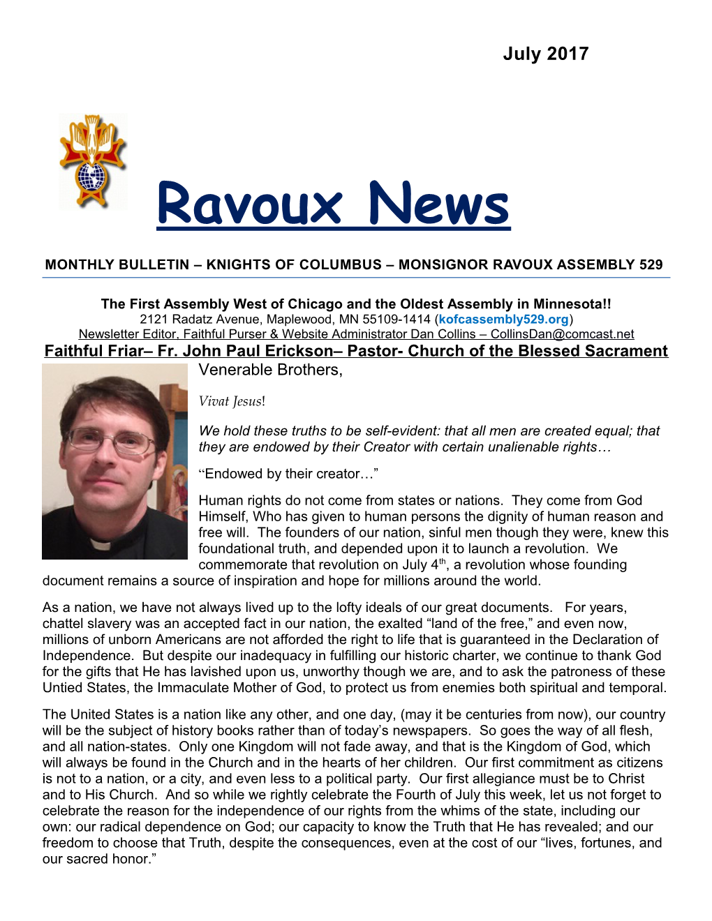 Monthly Bulletin Knights of Columbus Monsignor Ravoux Assembly 529