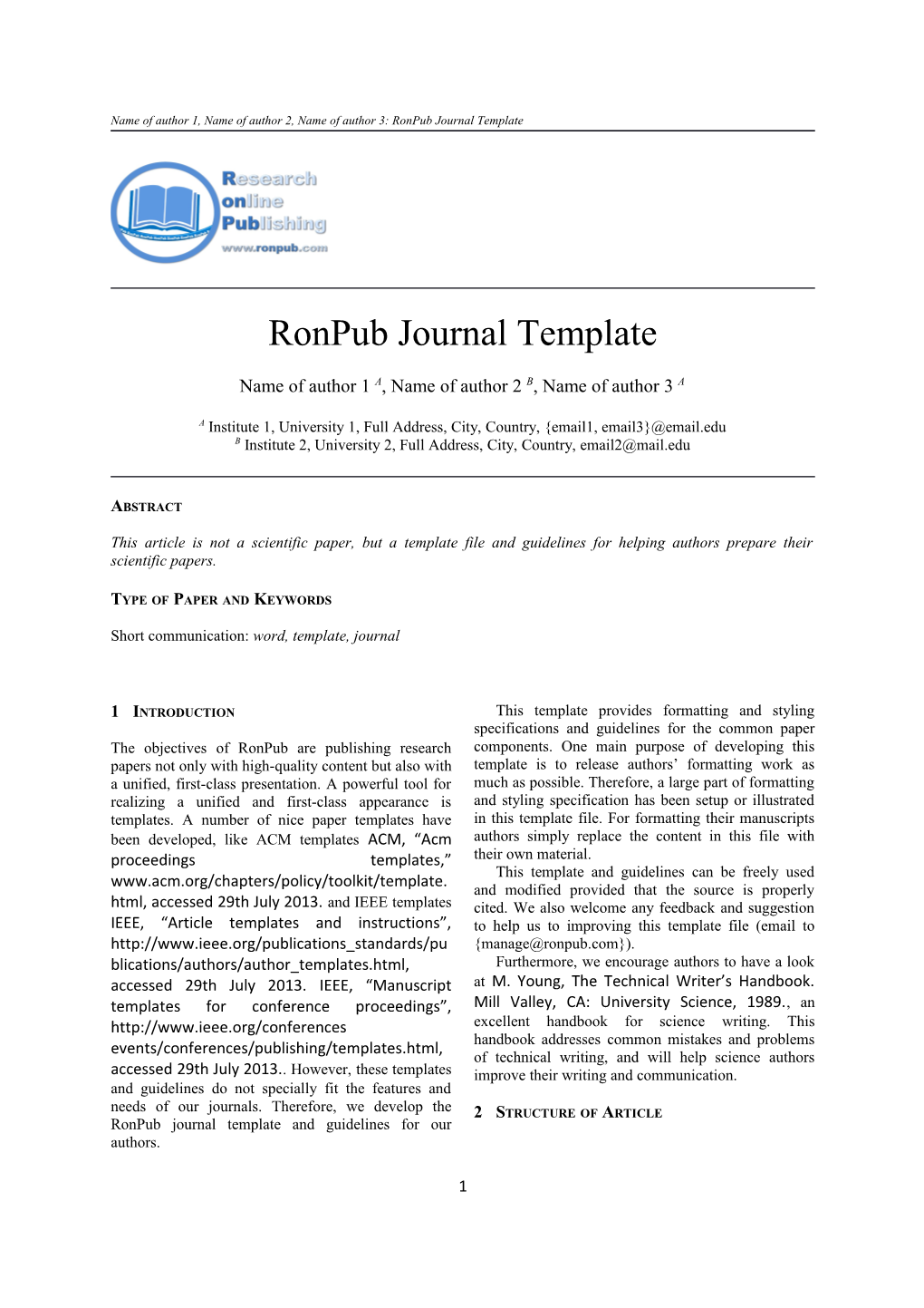 Name of Author 1, Name of Author 2, Name of Author 3: Ronpub Journal Template