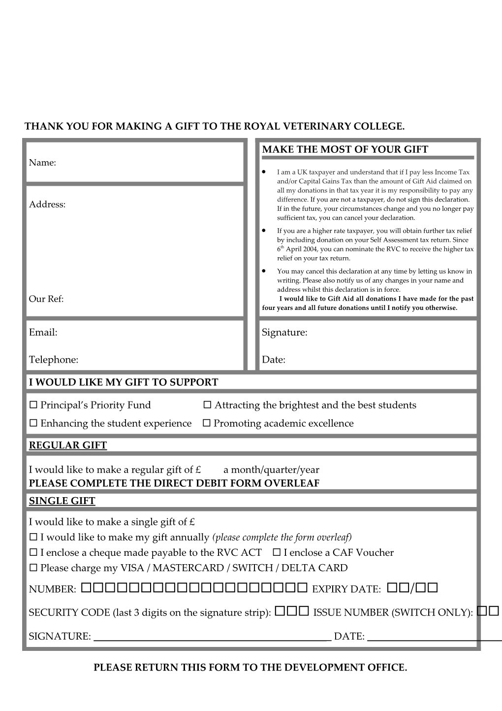 Please Return This Form to the Development Office
