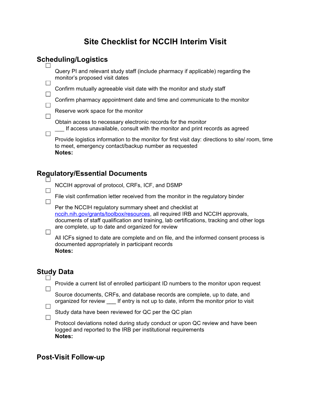 Site Checklist for NCCIH Interim Visit