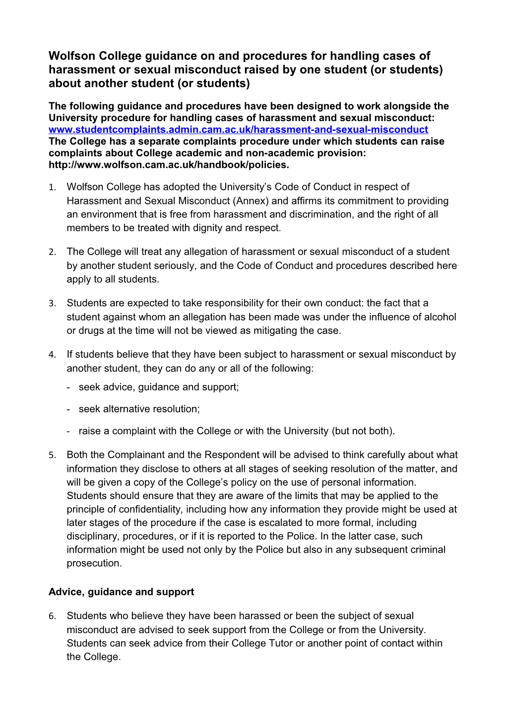Wolfson College Guidance on and Procedures for Handling Cases of Harassment Or Sexual