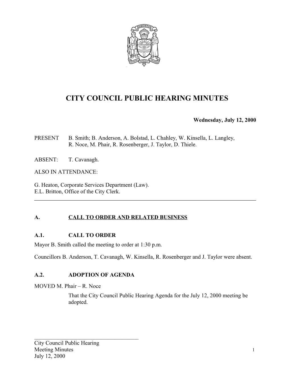 Minutes for City Council July 12, 2000 Meeting