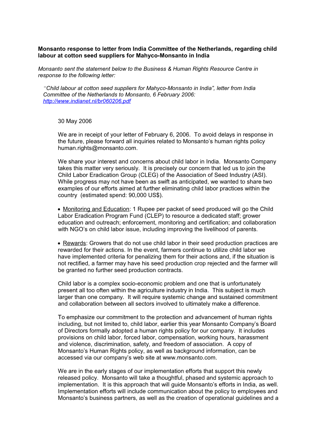 Monsanto Response to Letter from India Committee of the Netherlands, Regarding Child Labour