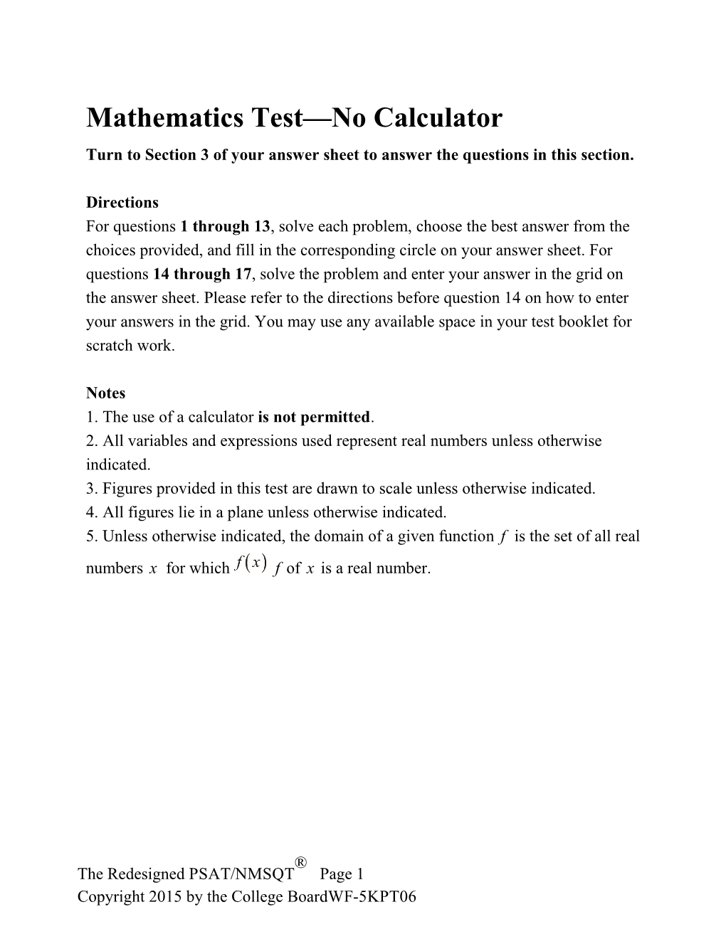 Mathematics Test No Calculator