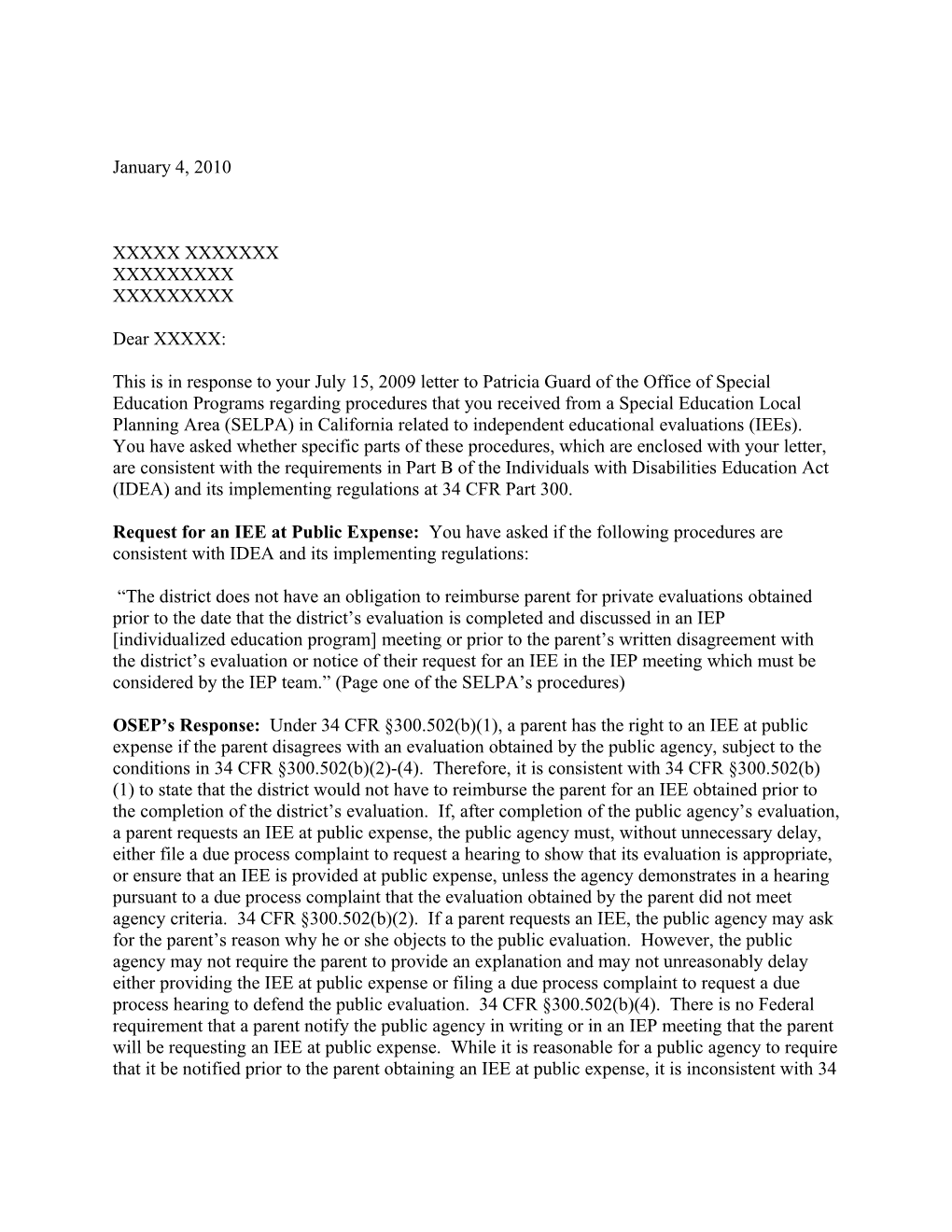 Redacted B Letter Dated 01/04/10 Re: Independent Educational Evaluations (MS Word)