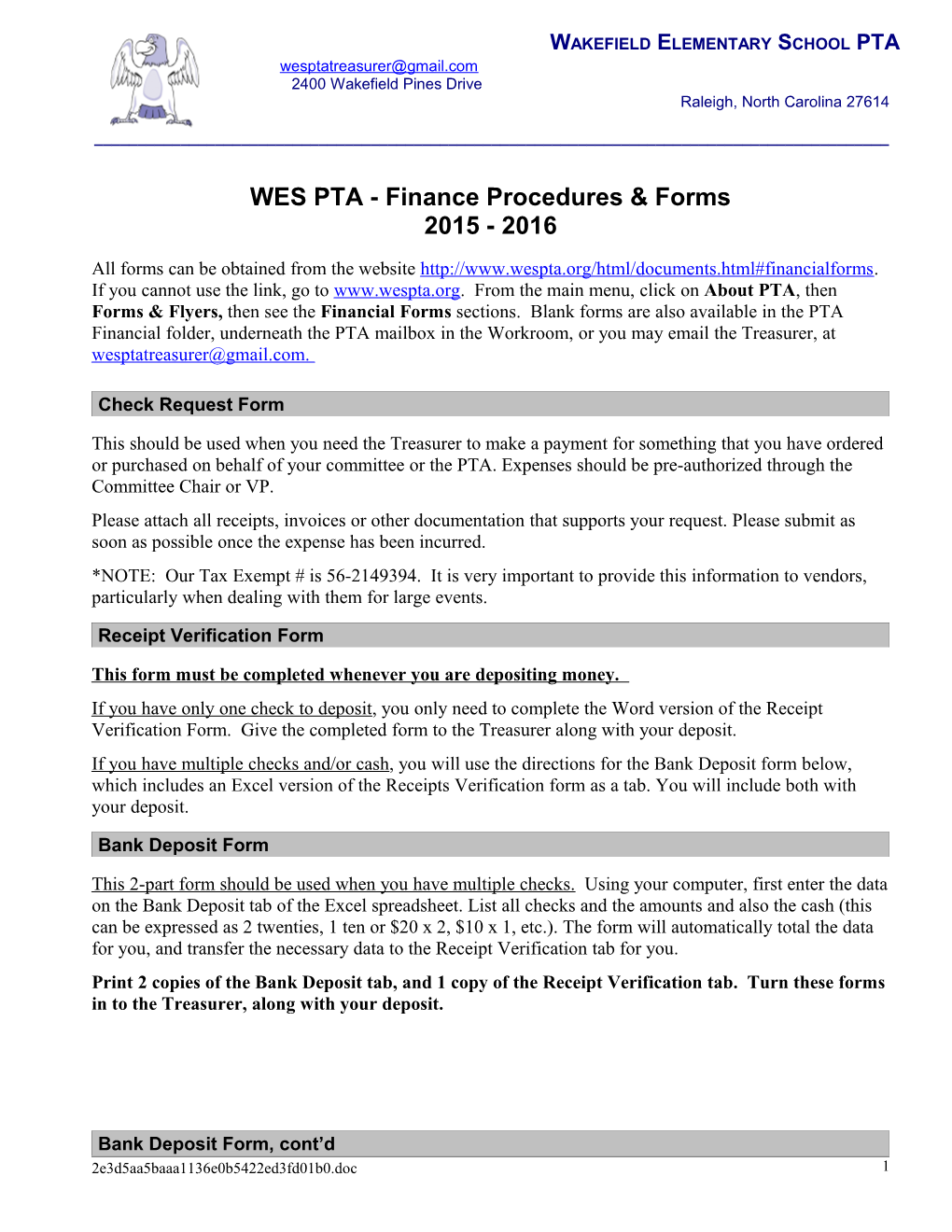 WES PTA - Finance Procedures & Forms
