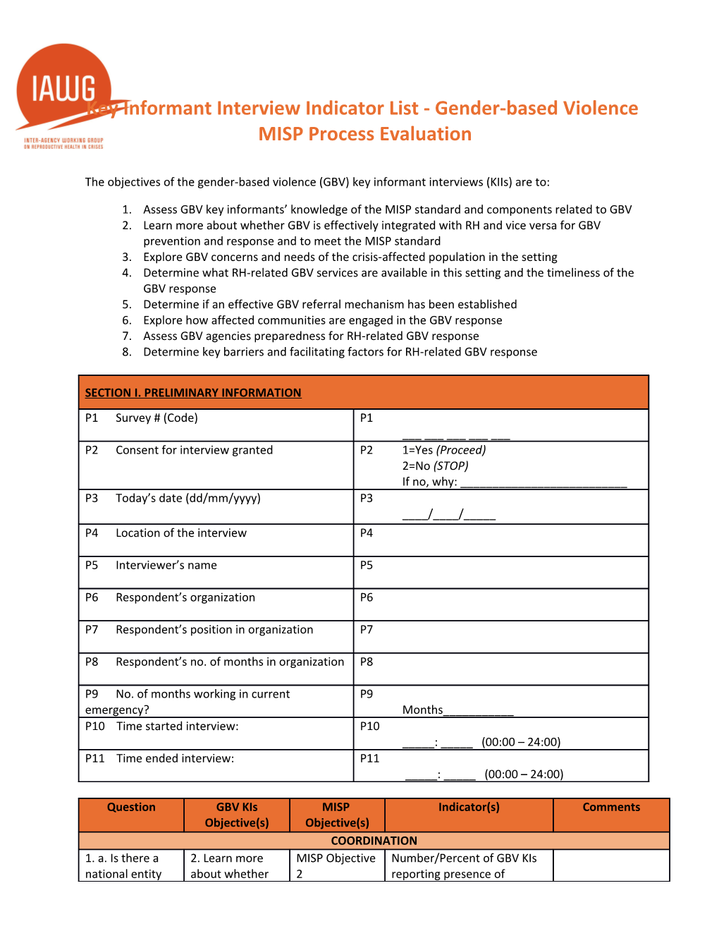 Key Informant Interview Indicator List Gender-Based Violence