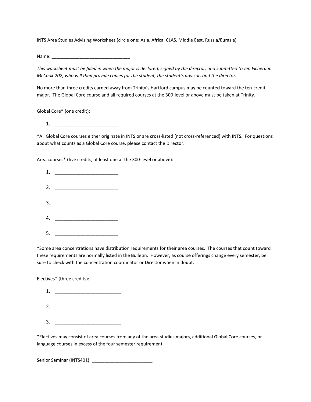 INTS Area Studies Advising Worksheet (Circle One: Asia, Africa, CLAS, Middle East