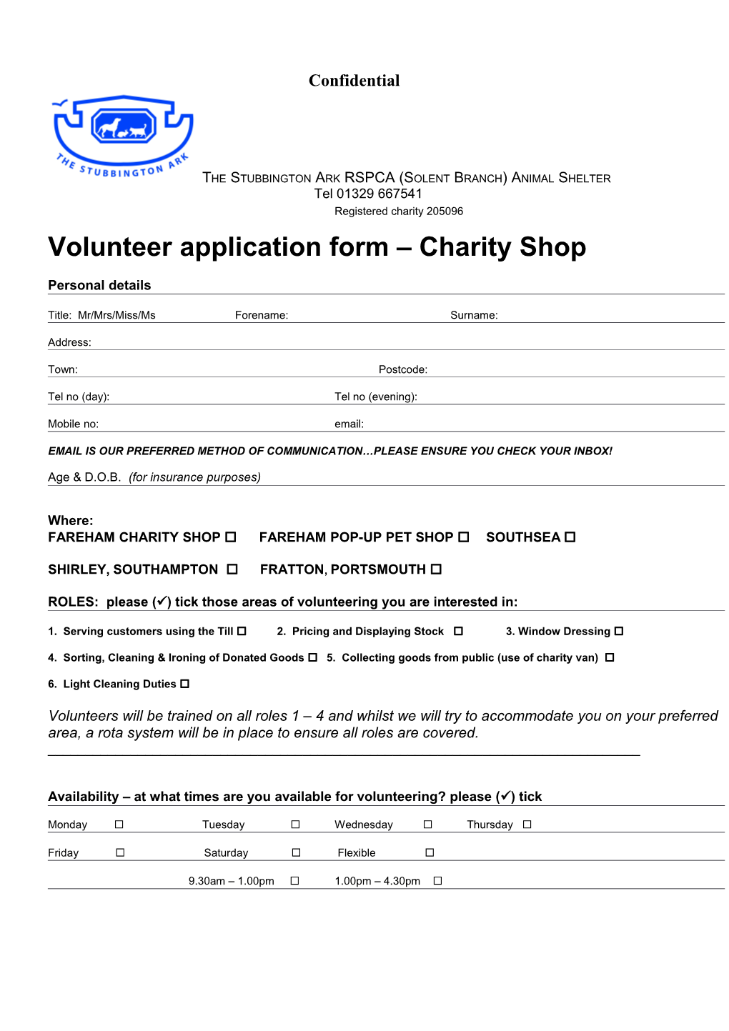 Volunteer Application Form Charity Shop