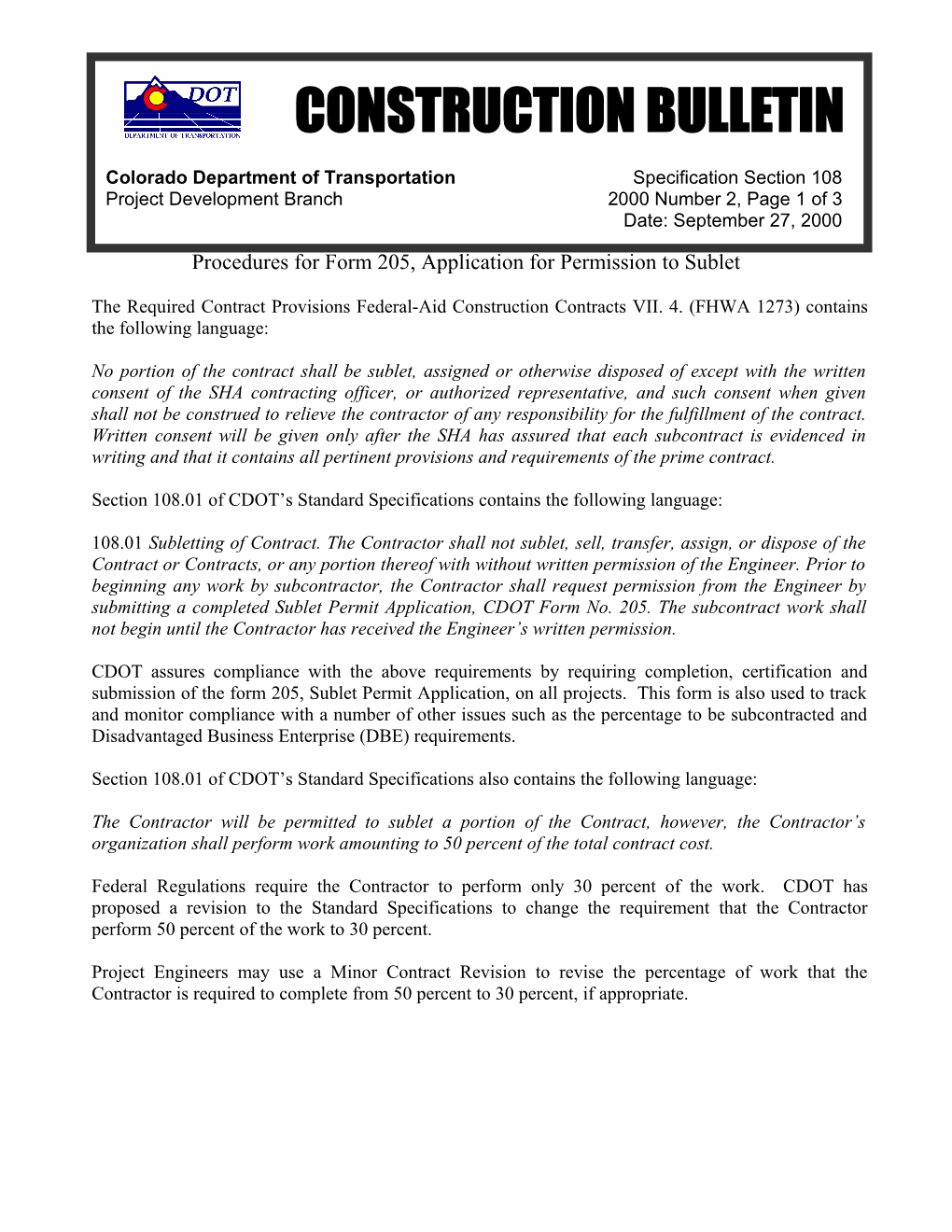Colorado Department of Transportation Specification Section 108