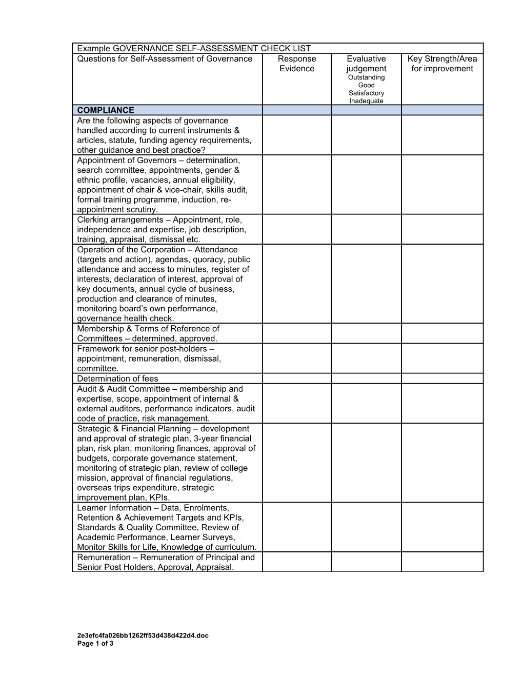 Sample Governance Self-Assessment Check List