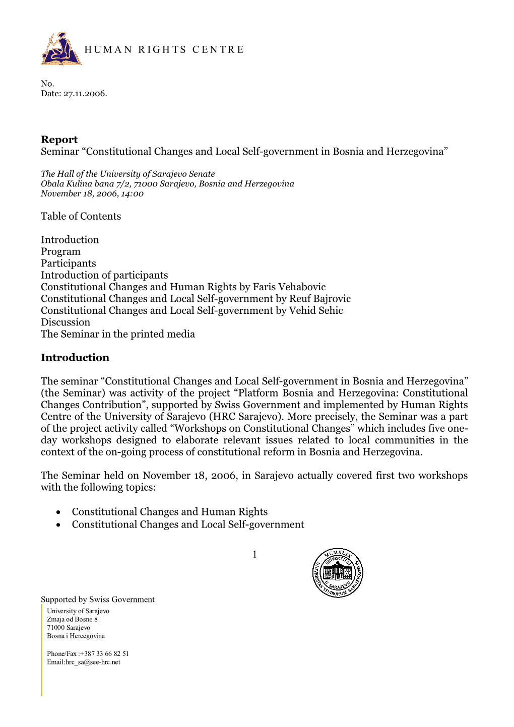 Seminar Constitutional Changes and Local Self-Government in Bosnia and Herzegovina