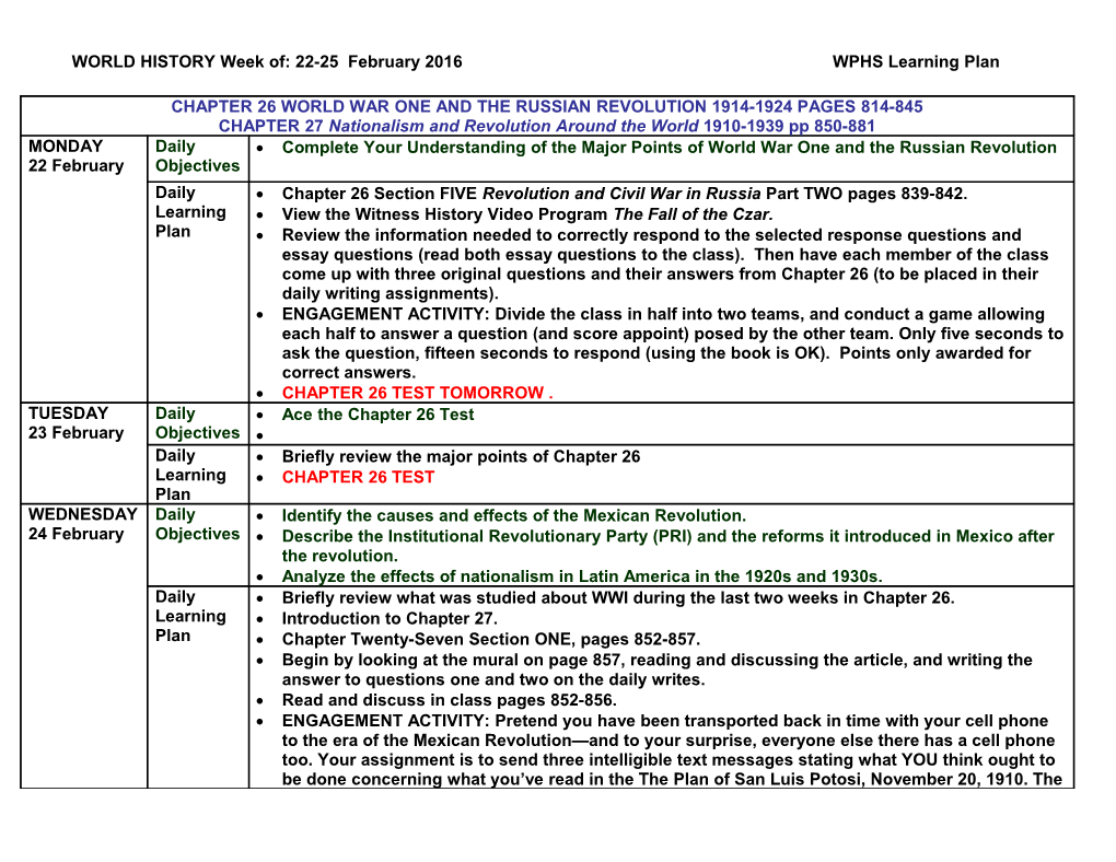 World History Week Of: 22-25 February 2016 WPHS Learning Plan