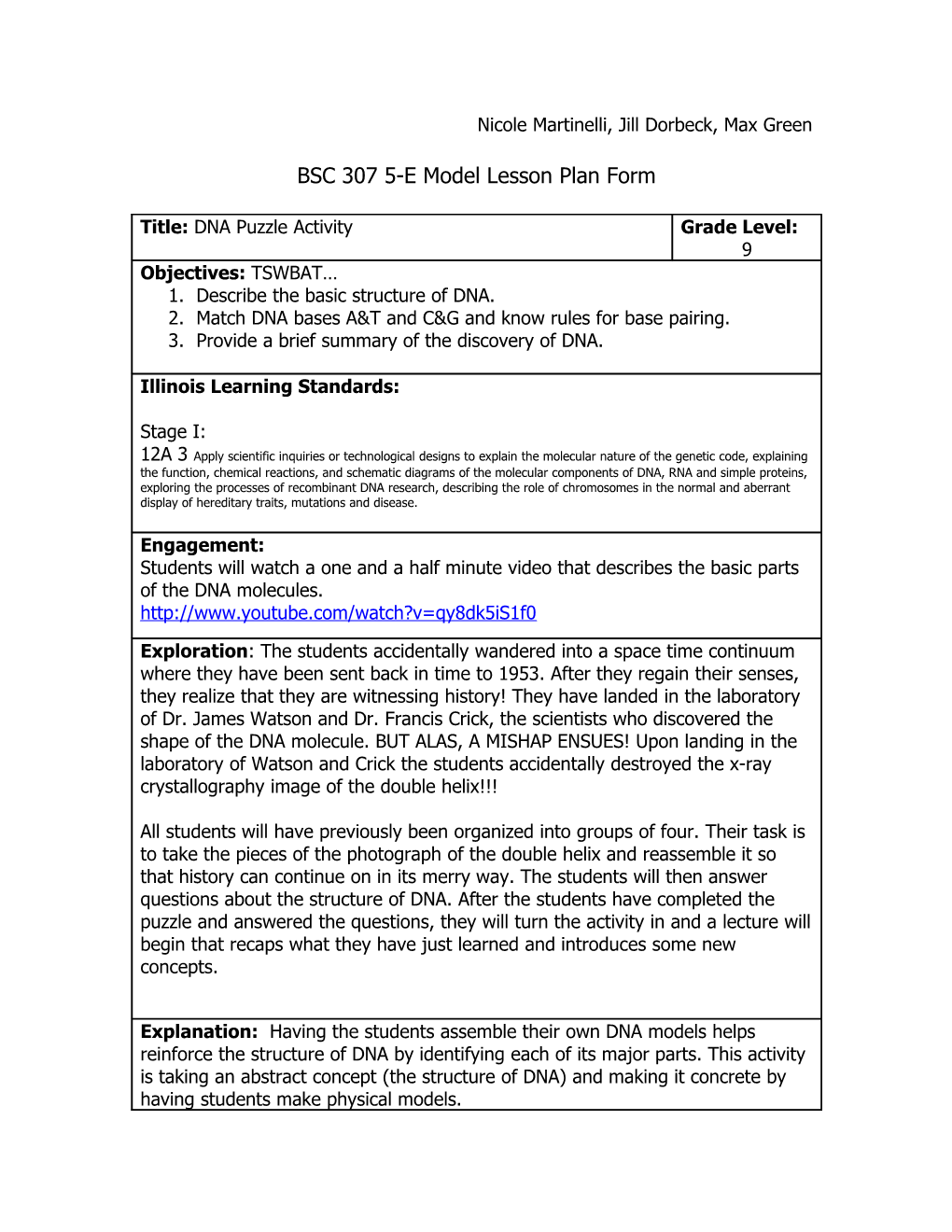 BSC 307 5-E Model Lesson Plan Form