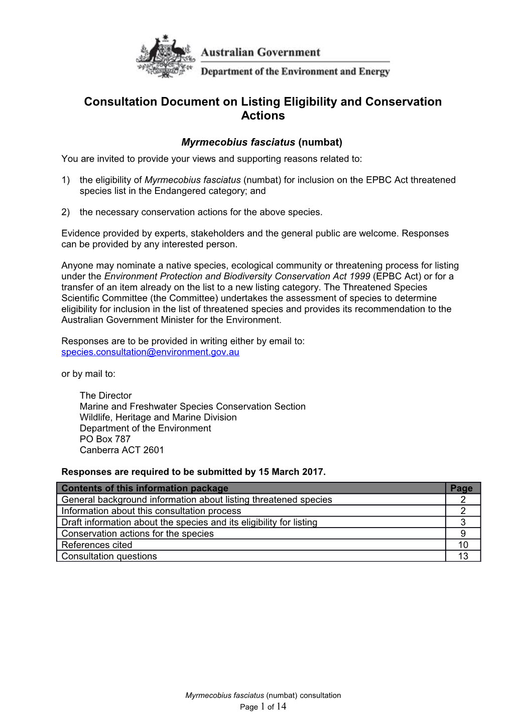 Consultation Document on Listing Eligibility and Conservation Actions - Myrmecobius Fasciatus