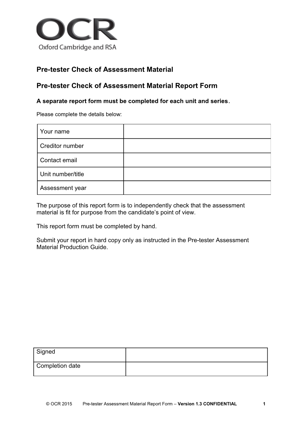 Pre-Tester Check of Assessment Material Report Form