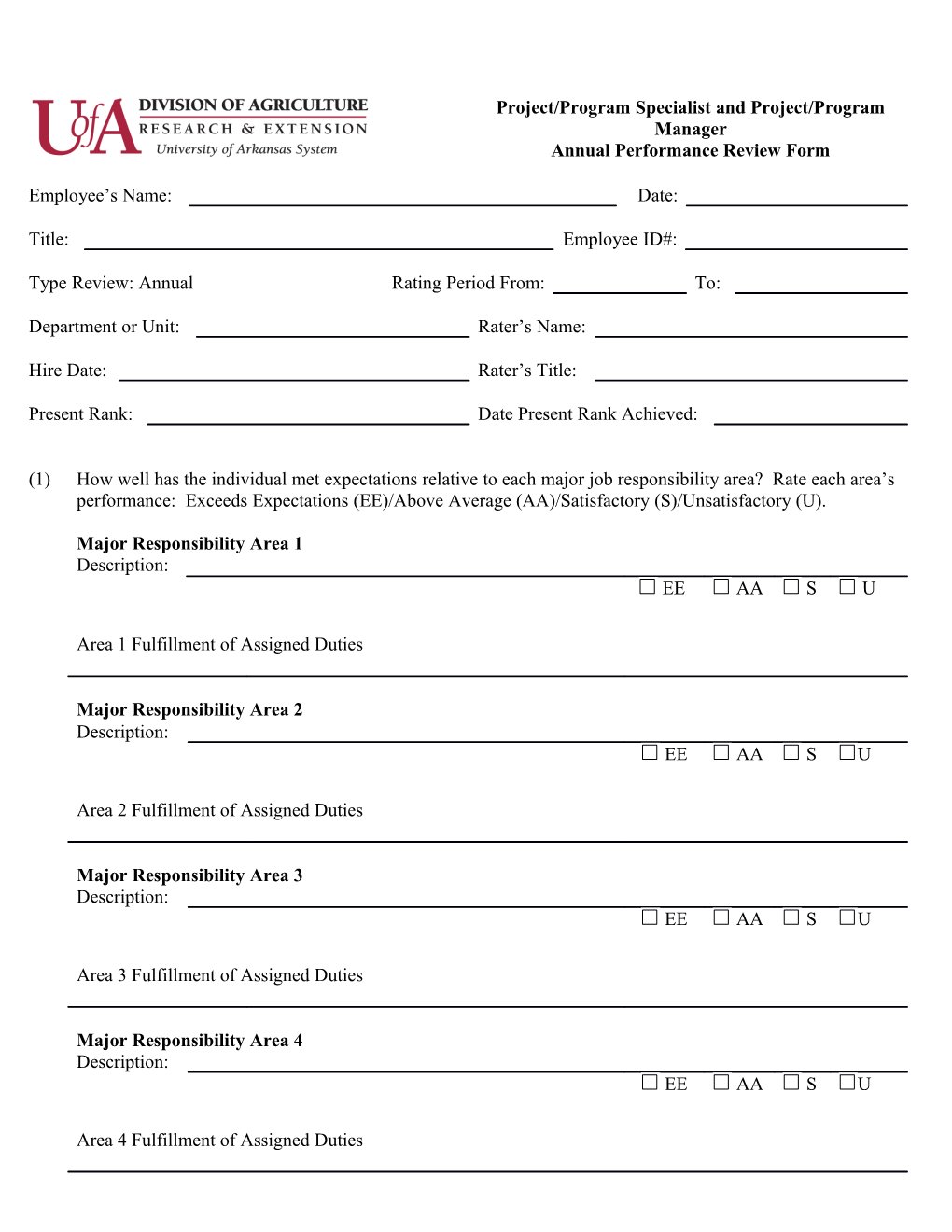 Project/Program Specialist and Project Program Manager Annual Performance Review Form