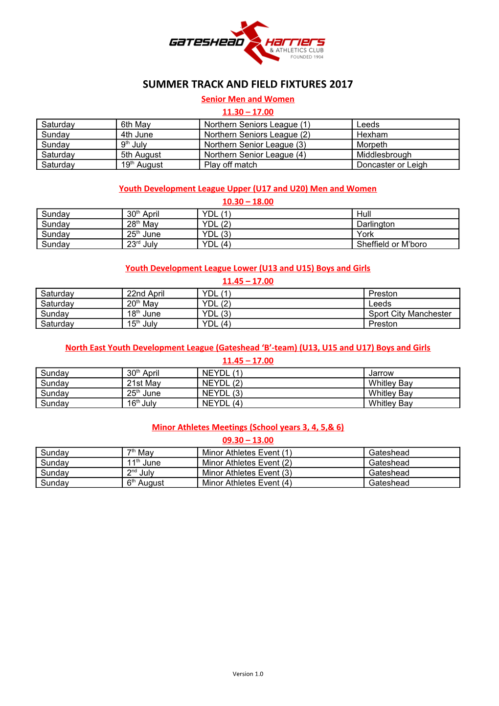 Summer Track and Field Fixtures 2017