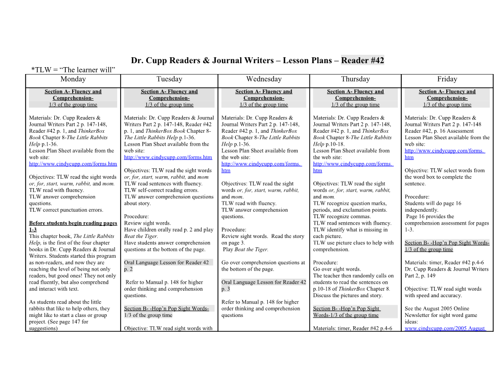 Dr. Cupp Readers & Journal Writers Lesson Plans Reader #42