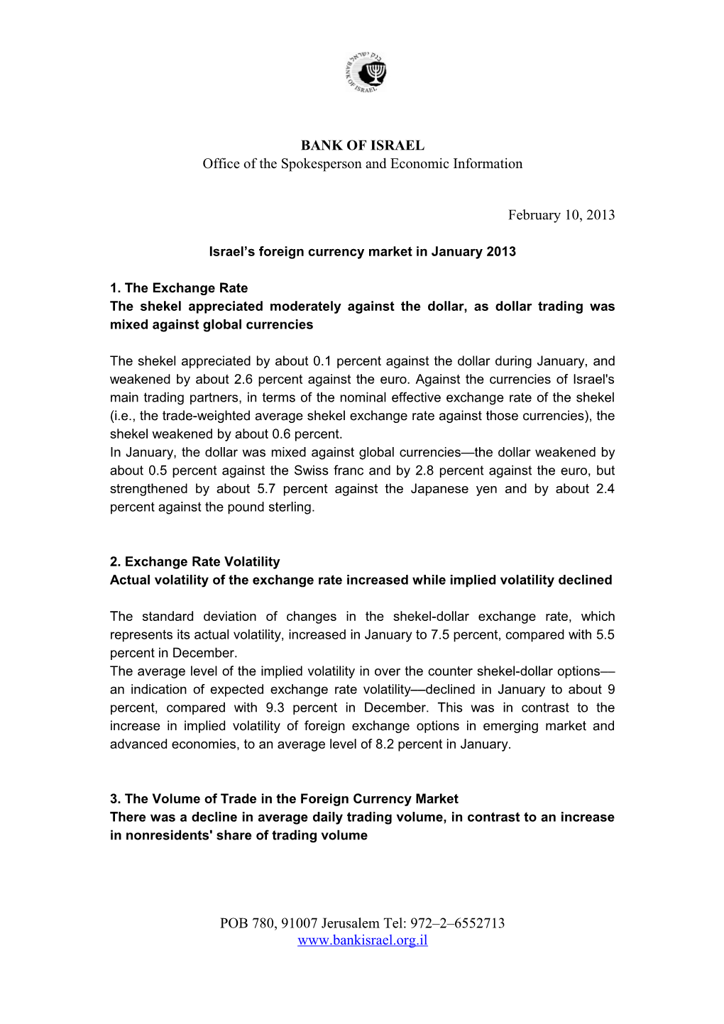 Israel S Foreign Currency Market in January 2013