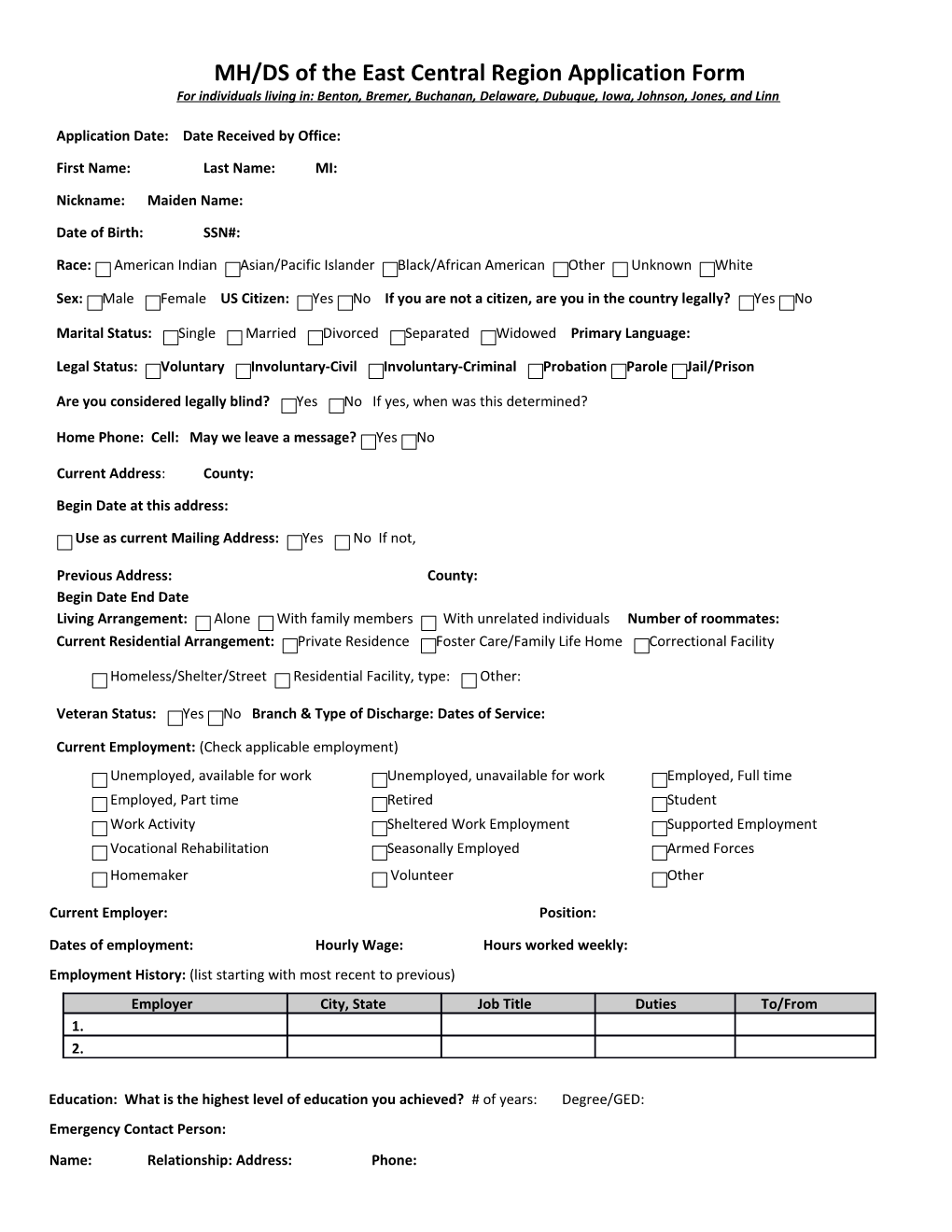 MH/DS of the East Central Region Application Form