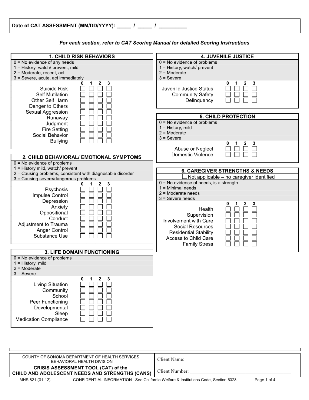 For Each Section, Refer to CAT Scoring Manual for Detailed Scoring Instructions