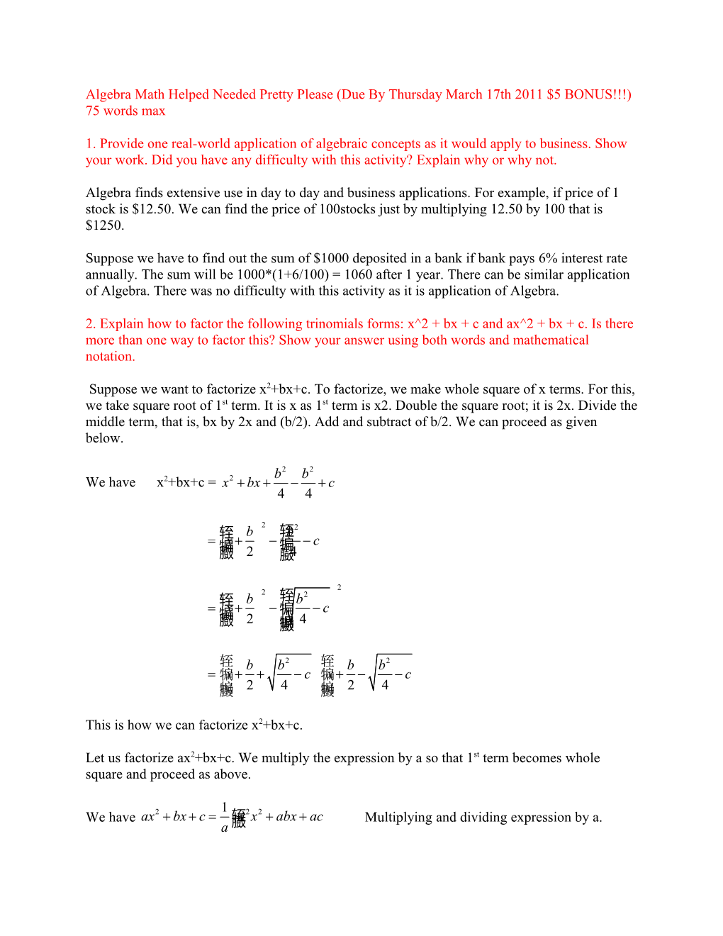 Algebra Math Helped Needed Pretty Please (Due by Thursday March 17Th 2011 $5 BONUS ) 75