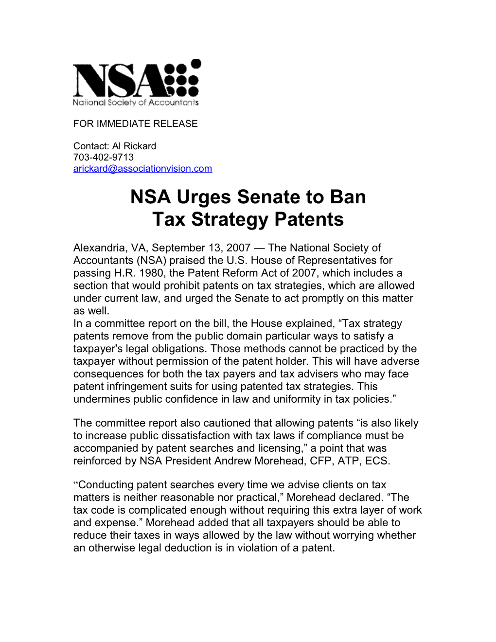 National Society of Accountants Release on Tax Strategy Patents - Sept. 13, 2007