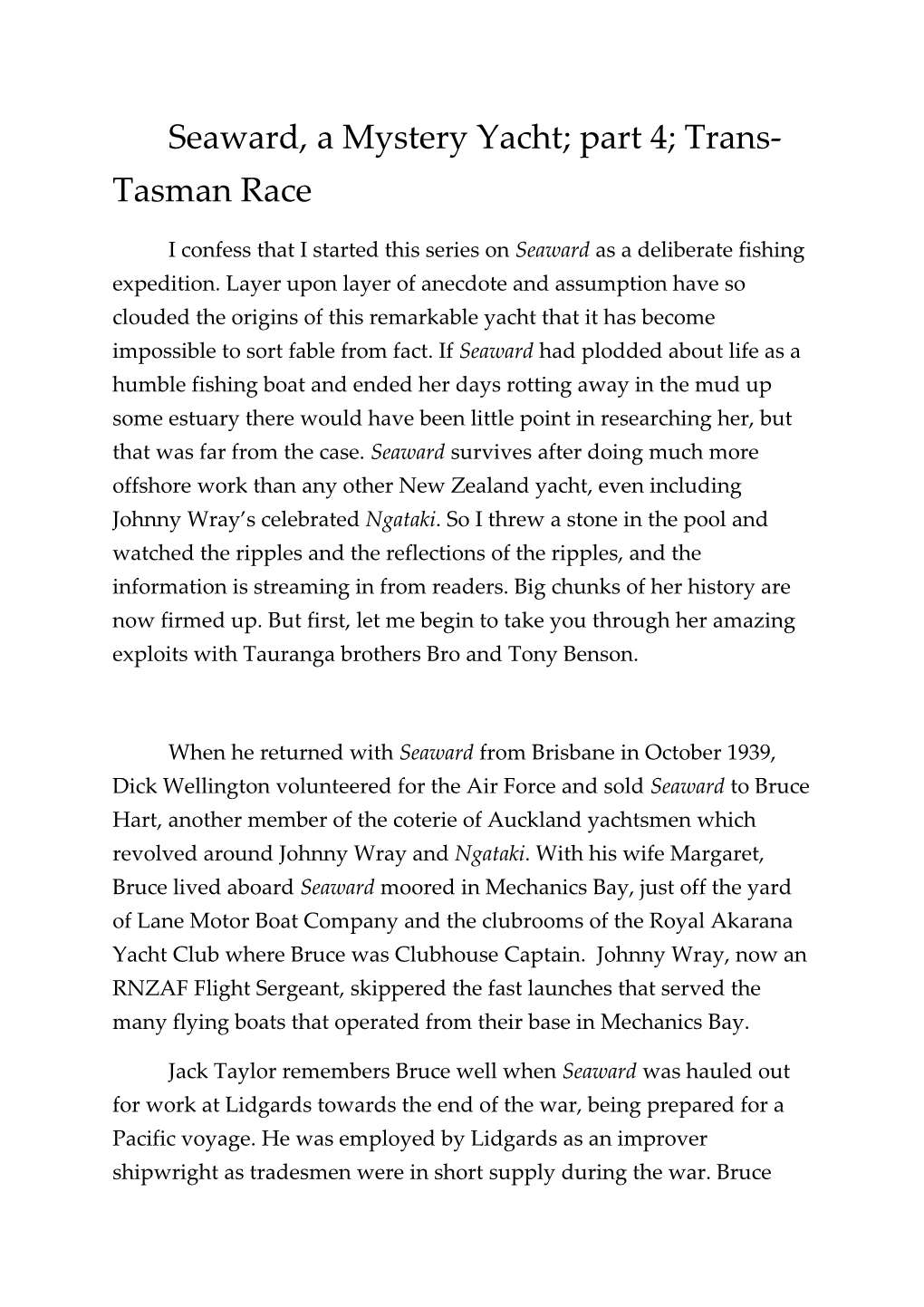 Seaward, a Mystery Yacht; Part 4; Trans-Tasman Race