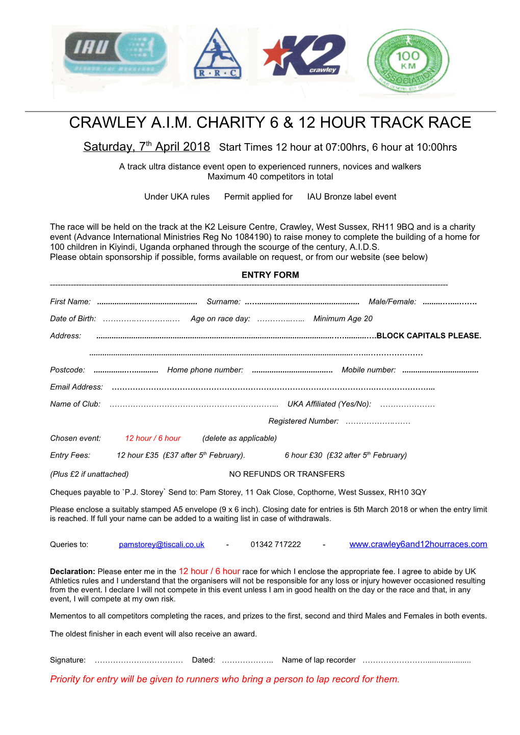 Crawley A.I.M. Charity 6 & 12 Hour Track Race