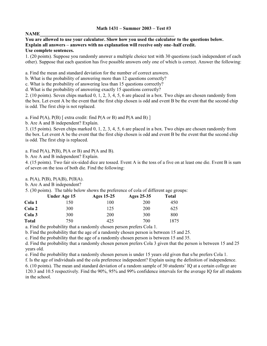 Math 1431 Spring 2003 Test #3 Practice