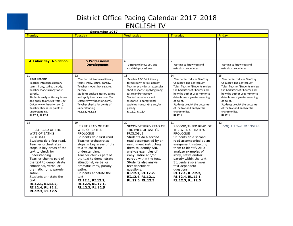 District Office Pacing Calendar 2017-2018