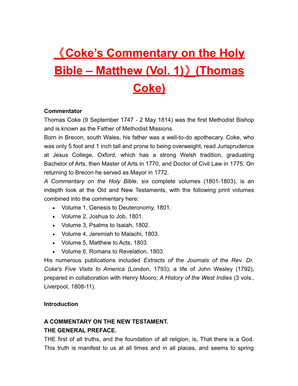 Coke S Commentary on the Holy Bible Matthew (Vol. 1) (Thomas Coke)