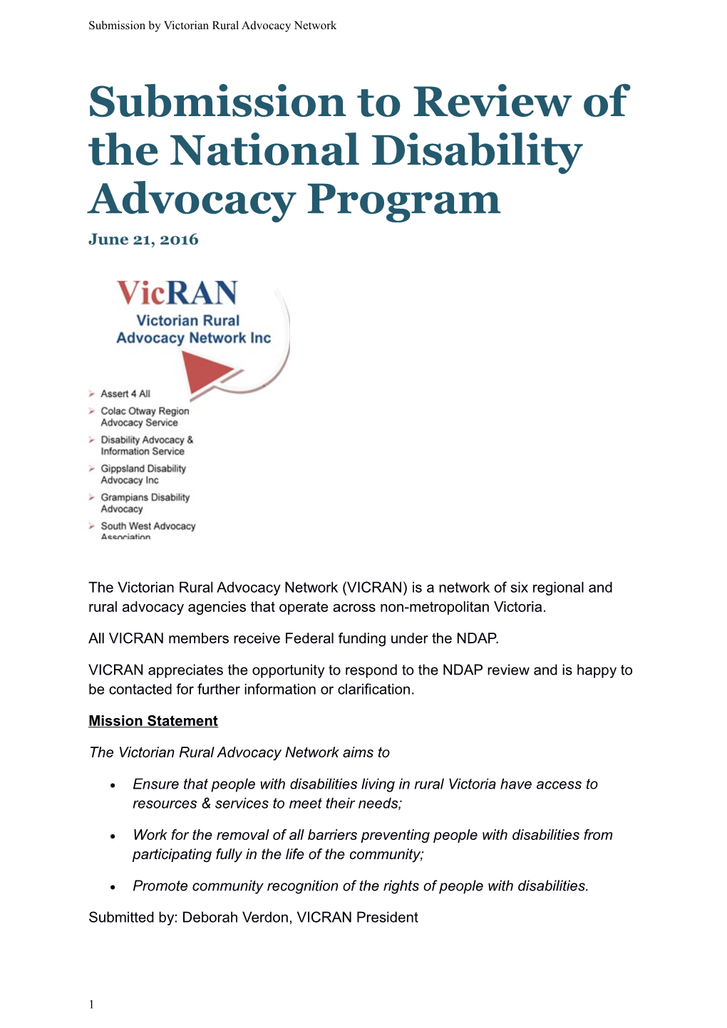 Submission to Review of the National Disability Advocacy Program
