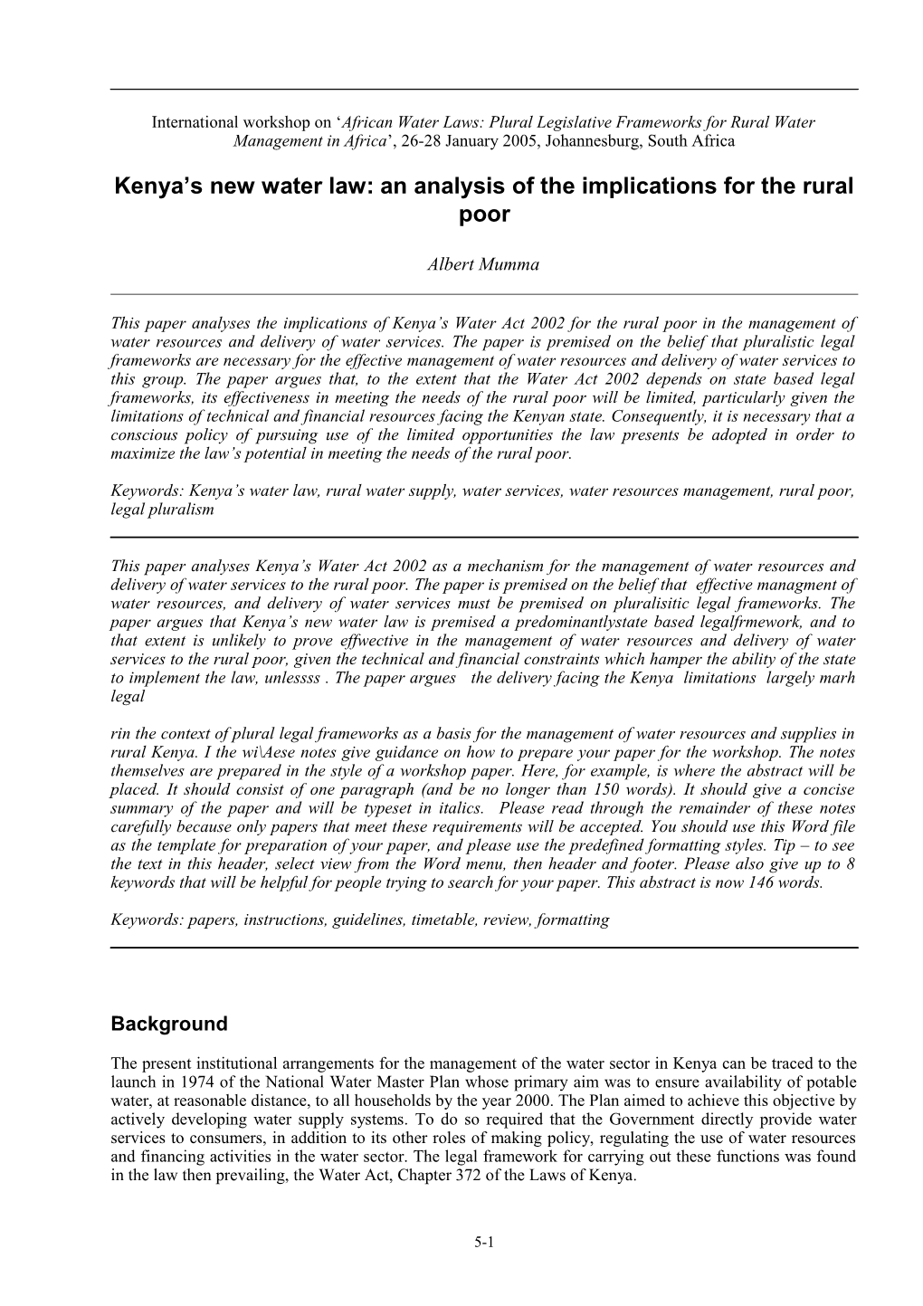 The Present Institutional Arrangements for the Management of the Water Sector in Kenya