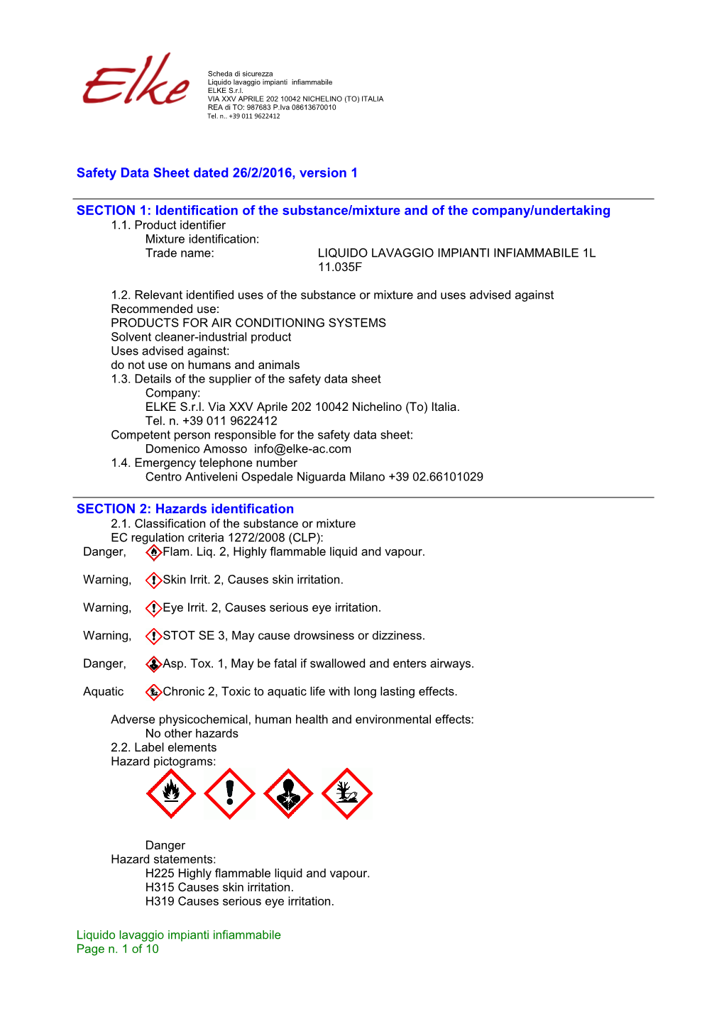 Safety Data Sheet Dated 26/2/2016, Version 1