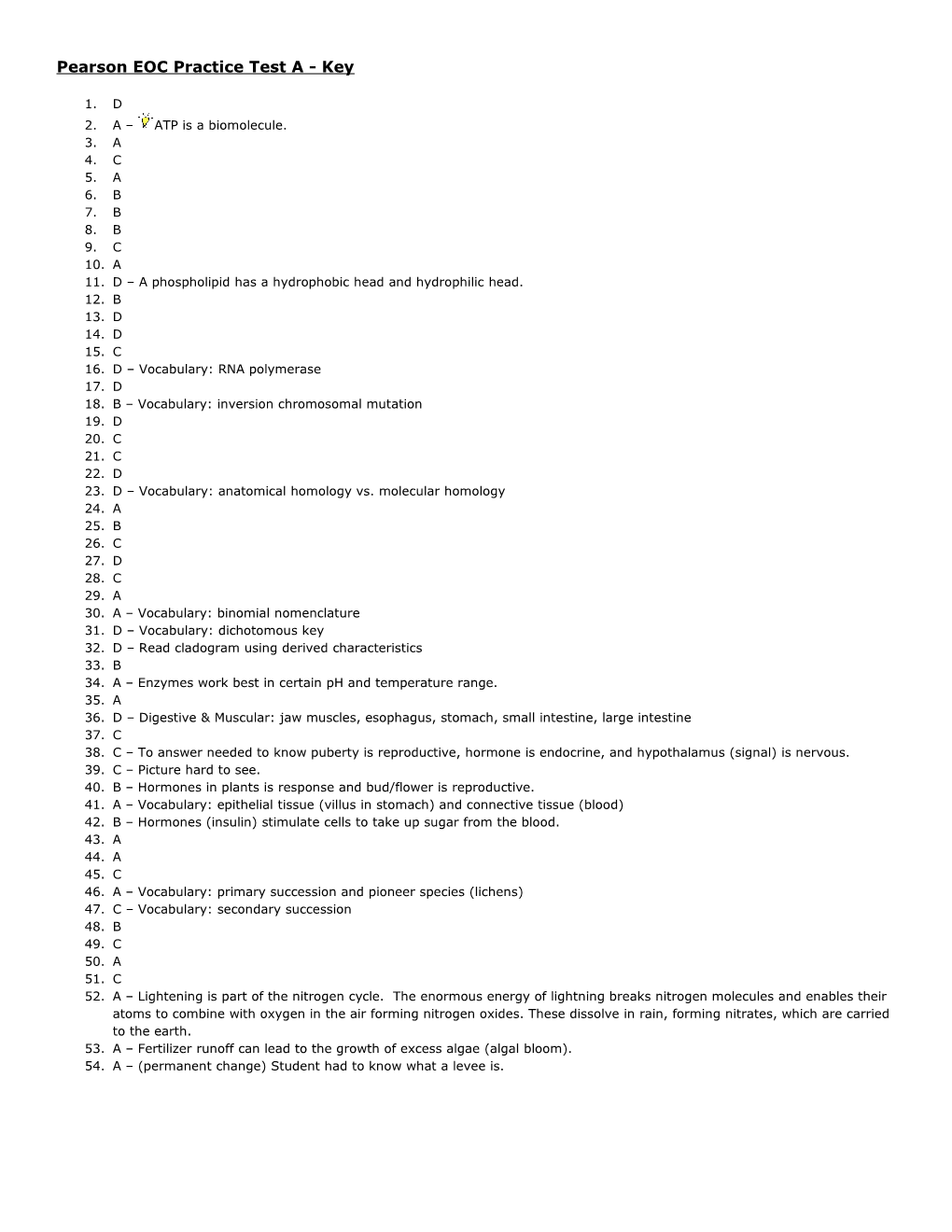 Pearson EOC Practice Test a - Key