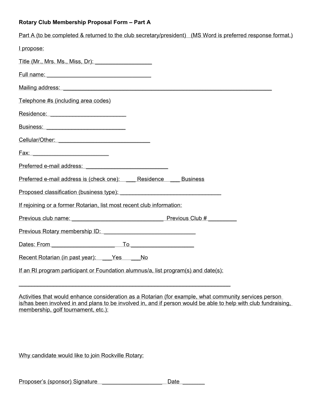 Rotary Club Membership Proposal Form Part A