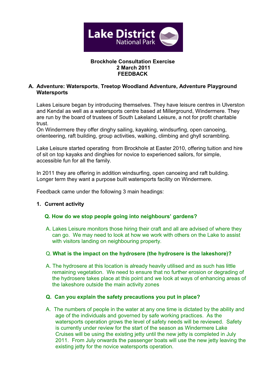 Brockhole Consultation Exercise 2 March 2011, 1