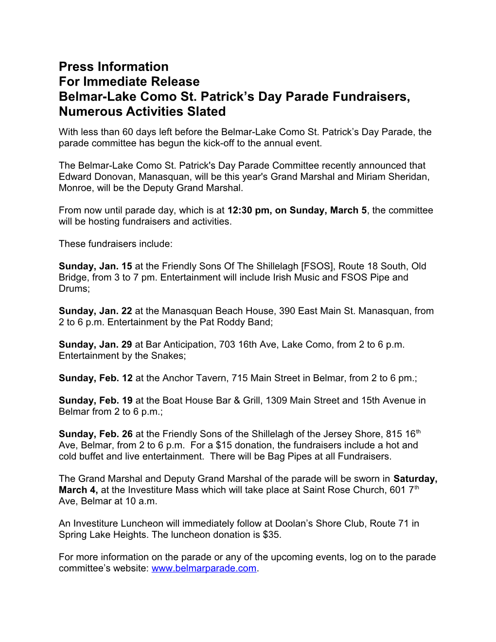 Belmar-Lake Como St. Patrick S Day Parade Fundraisers, Numerous Activities Slated