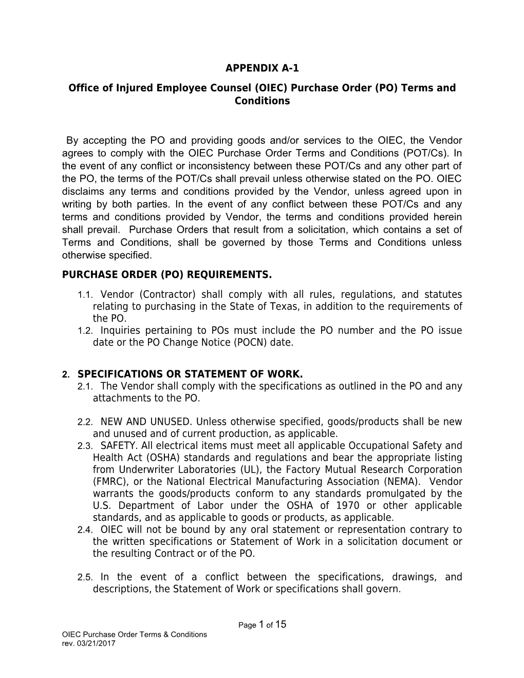 Office of Injured Employee Counsel (OIEC) Purchase Order (PO) Terms and Conditions