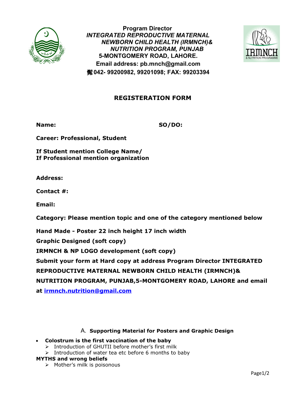 Integrated Reproductive Maternal Newborn Child Health (Irmnch)& Nutrition Program, Punjab