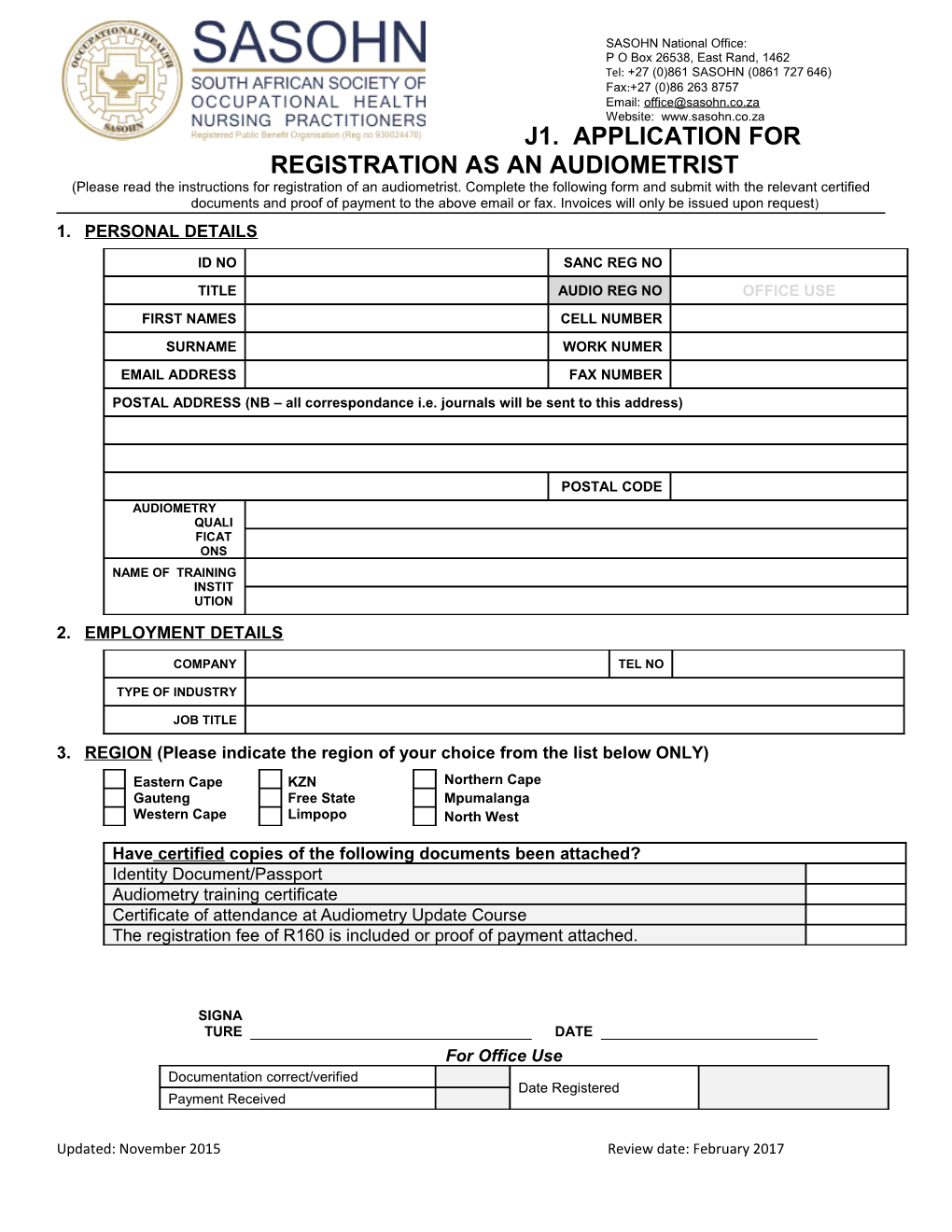 J1. Application for Registration As an Audiometrist