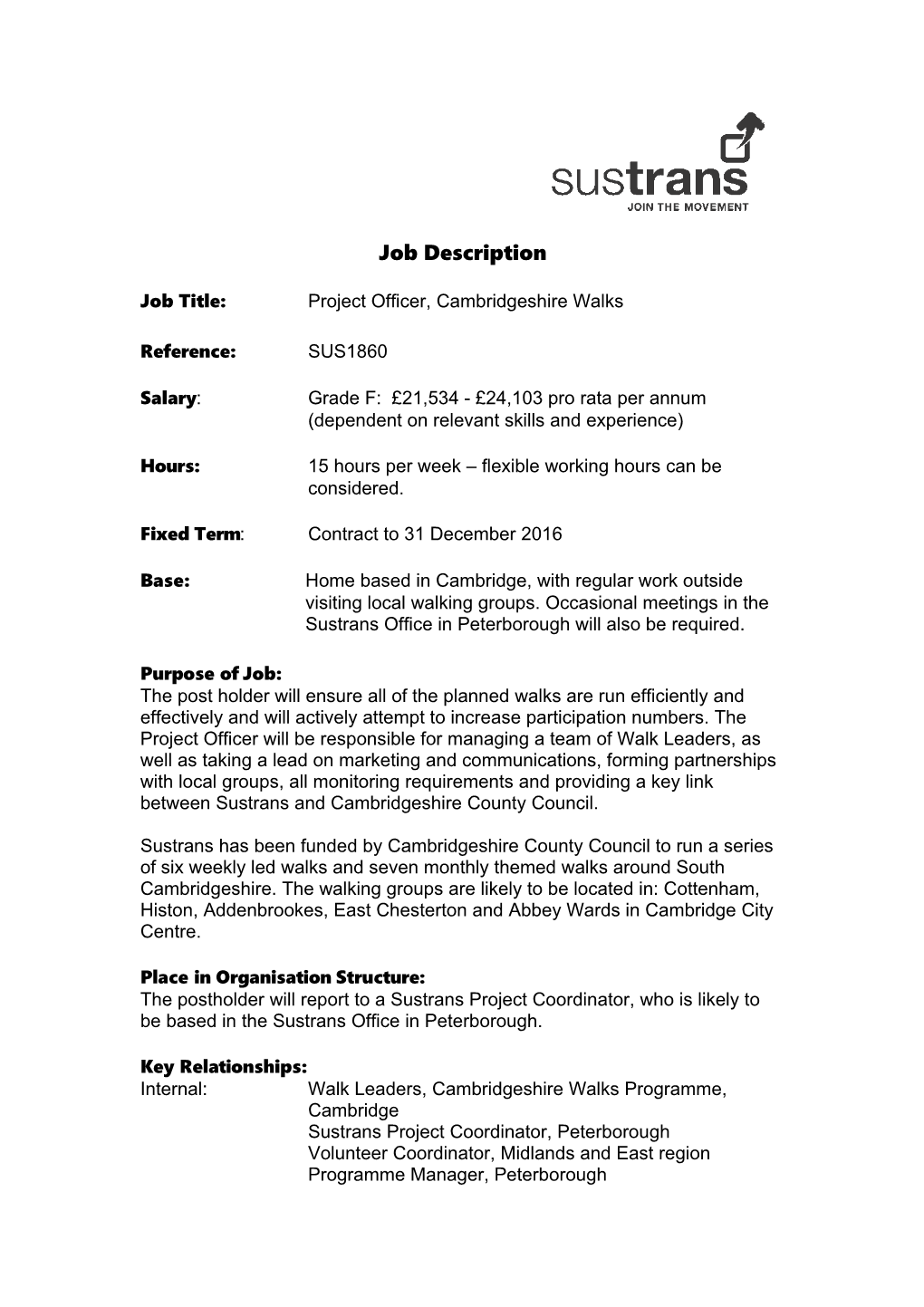 Job Title:Project Officer,Cambridgeshire Walks