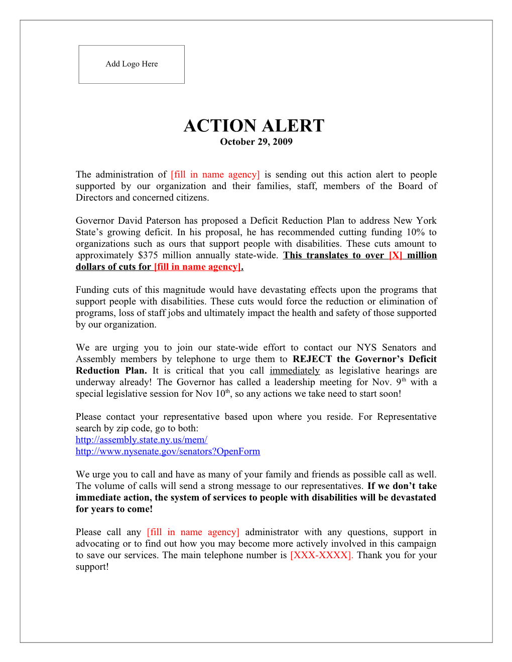 The Administration of Fill in Name Agency Is Sending out This Action Alert to Peoplesupported