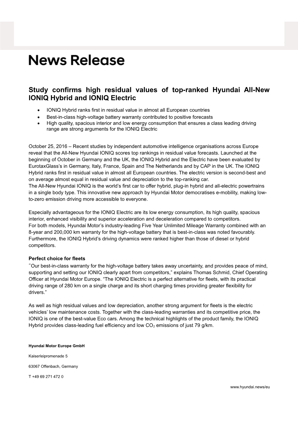 Study Confirms High Residual Values of Top-Ranked Hyundai All-New IONIQ Hybrid and IONIQ